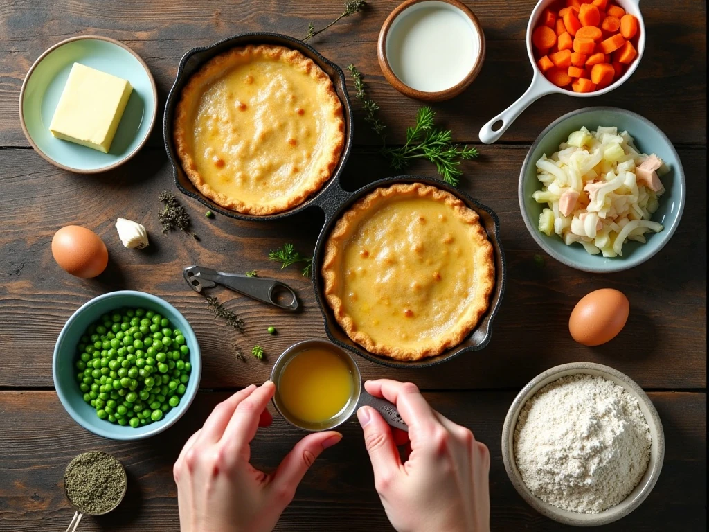 Ingredients for cast iron chicken pot pie arranged on a kitchen counter