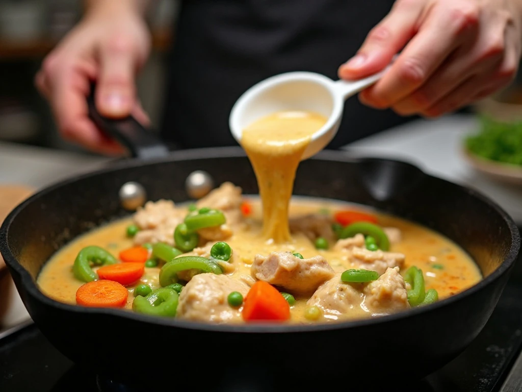 Cooking the chicken pot pie filling in a cast-iron skillet