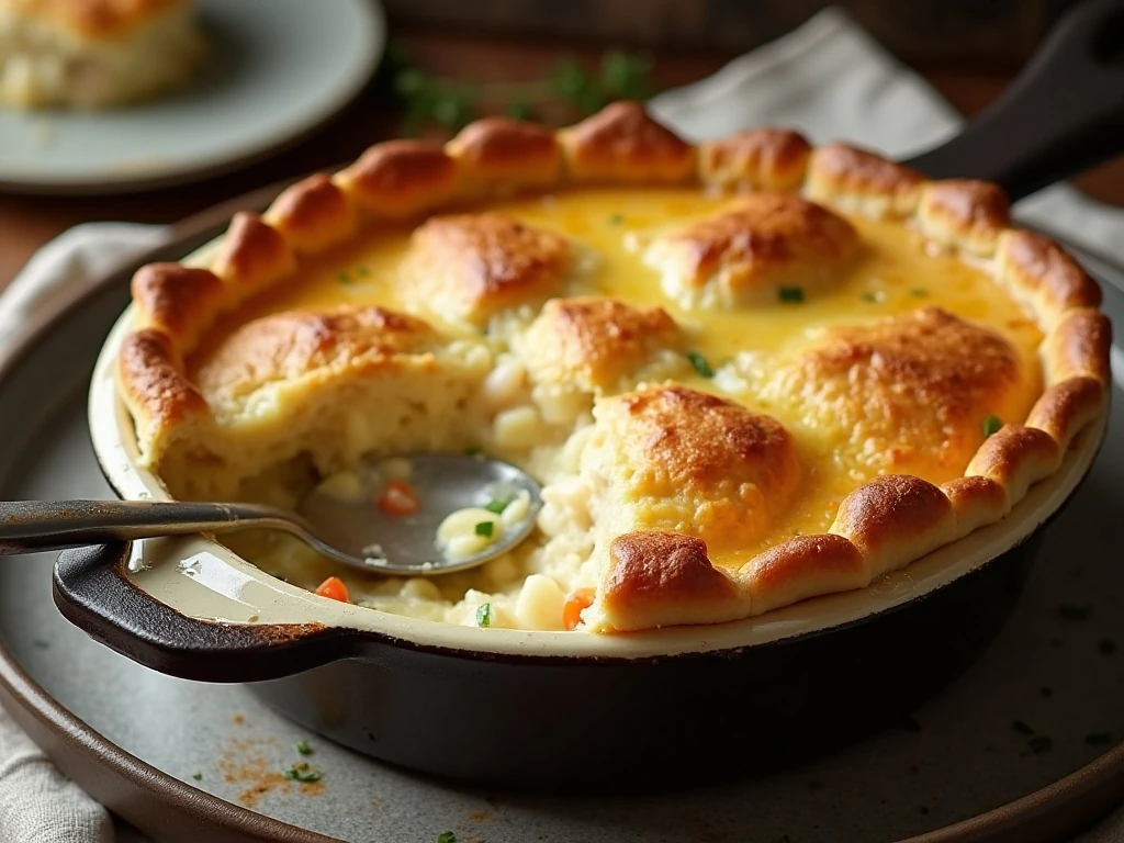 Golden cast iron chicken pot pie ready to serve