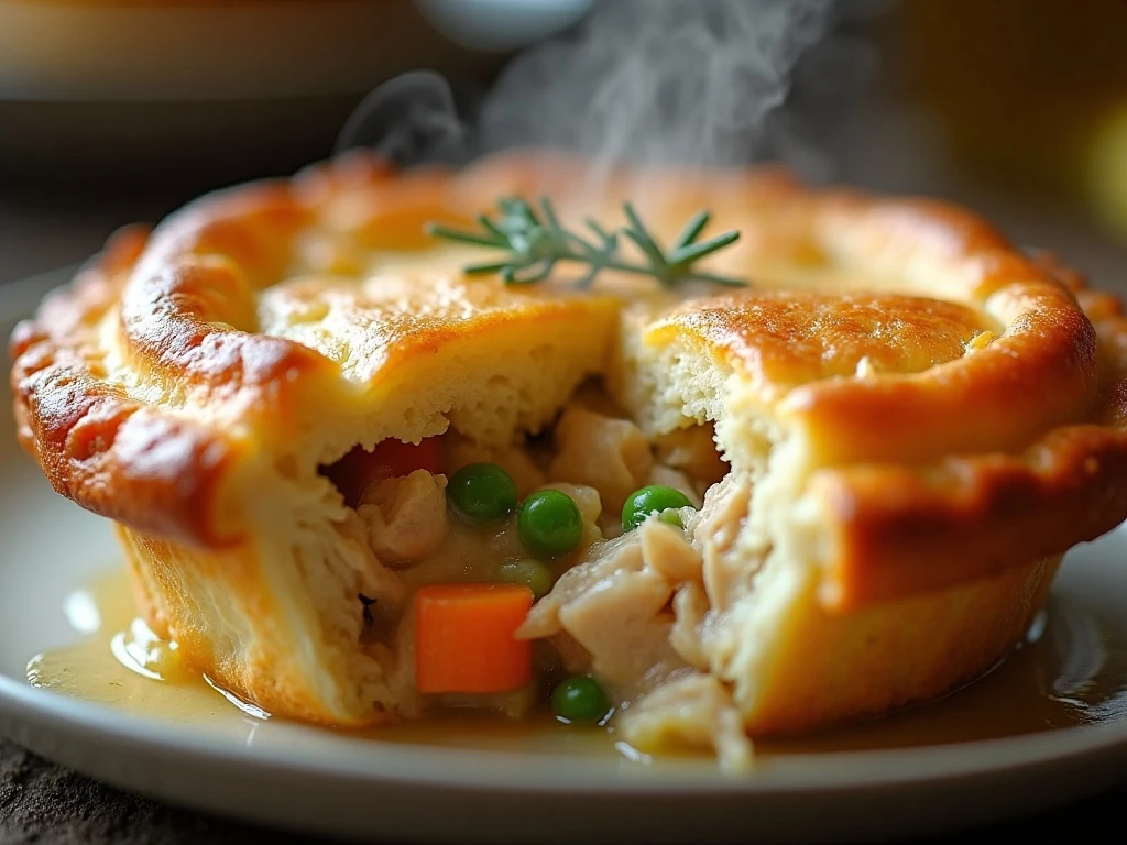 Close-up of creamy chicken pot pie filling beneath flaky pastry