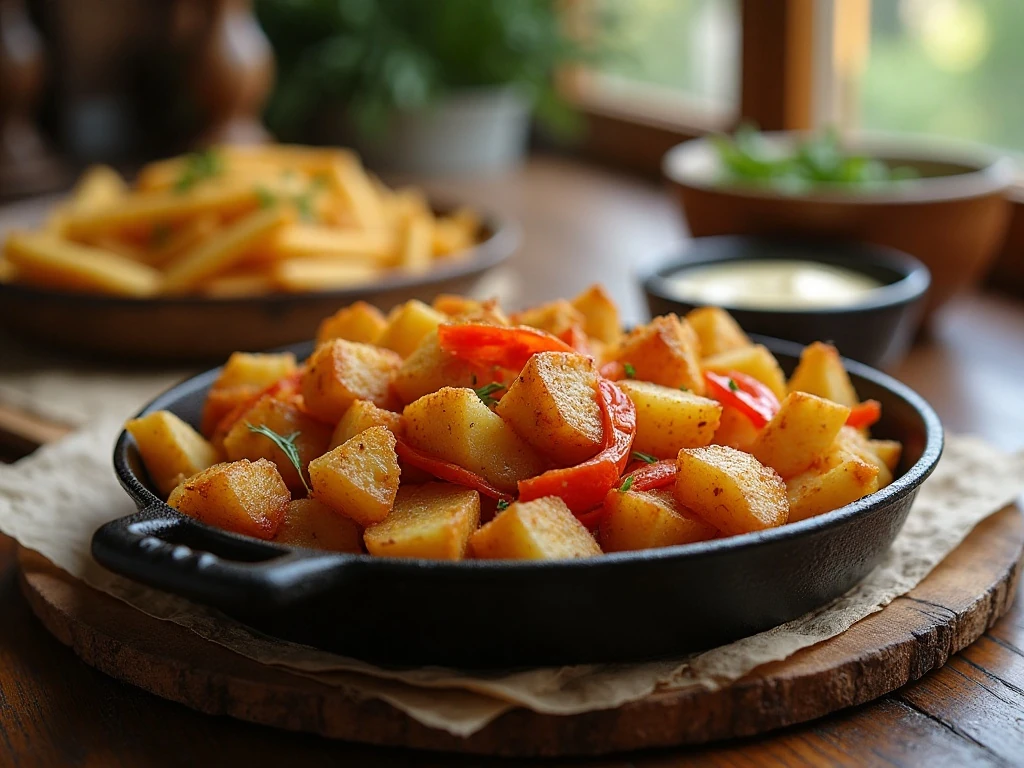 Crispy cast iron skillet home fries served as a dinner side