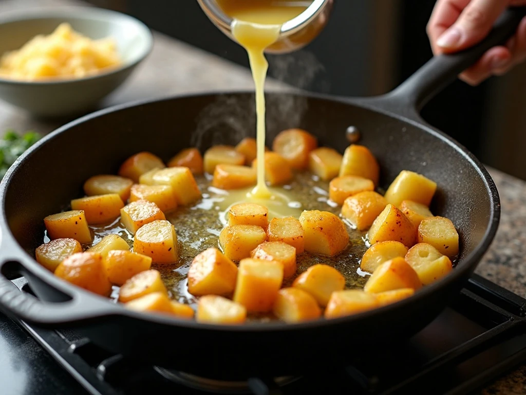 Potatoes browning in a cast iron skillet for home fries
