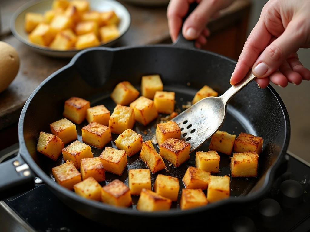 Potatoes spaced in a cast iron skillet for maximum crispness