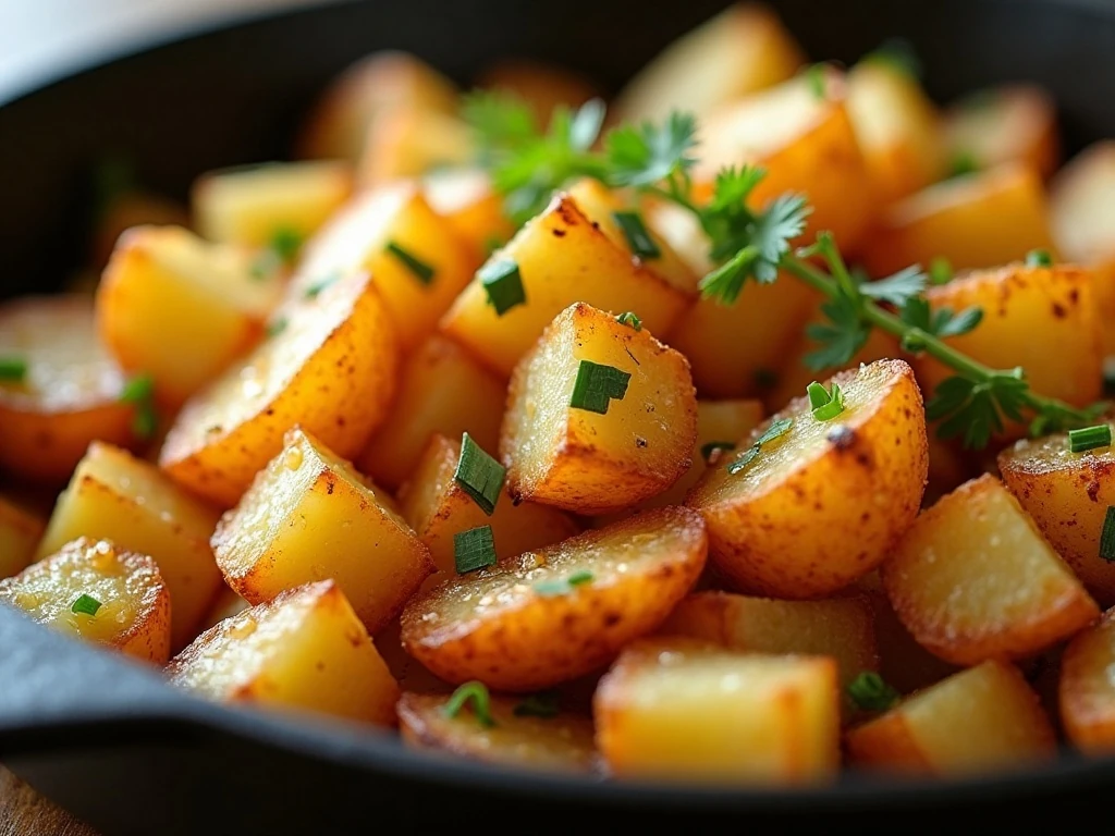 Reheated home fries finished with fresh herbs