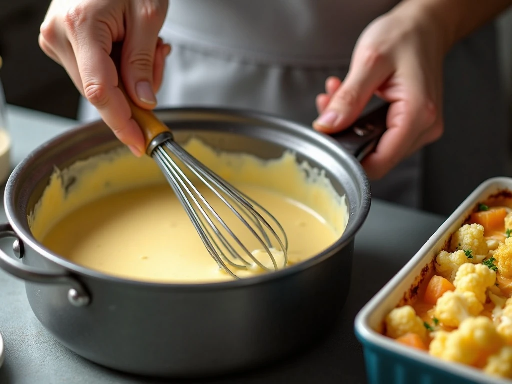 Preparing cheese sauce for cauliflower gratin