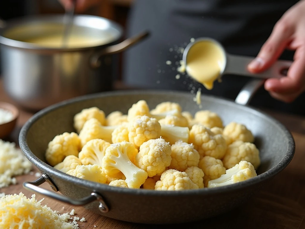 Drying cauliflower and preparing ingredients for gratin