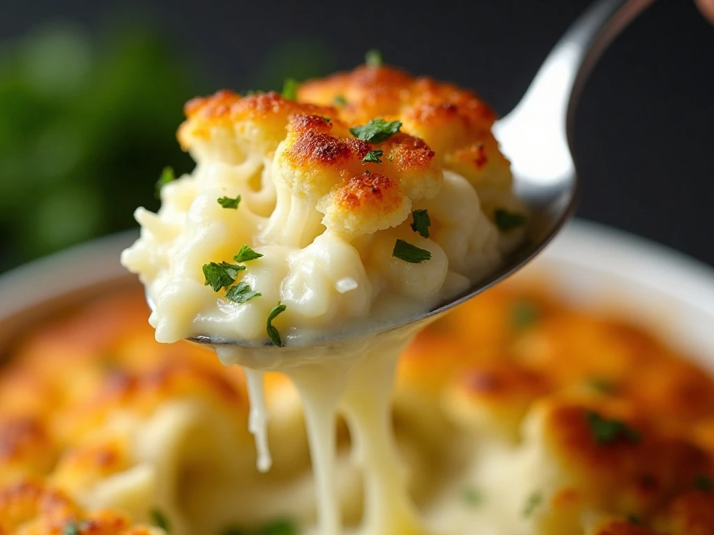 Creamy reheated cauliflower au gratin portion