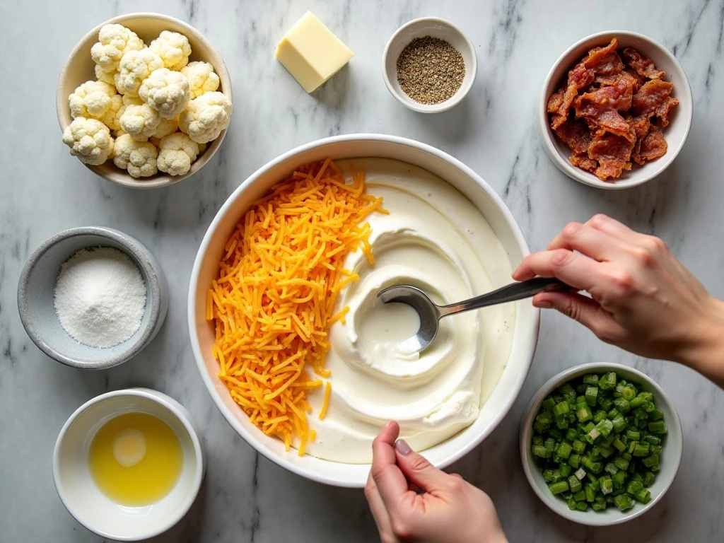 Ingredients for a low-carb cauliflower casserole arranged on a kitchen counter
