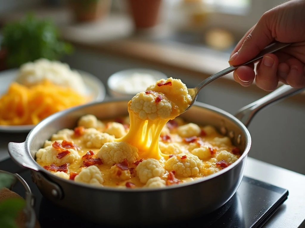 Cauliflower being folded into creamy cheese sauce for casserole