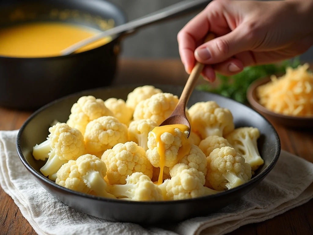 Well-drained cauliflower and smooth cheese sauce prepared for baking