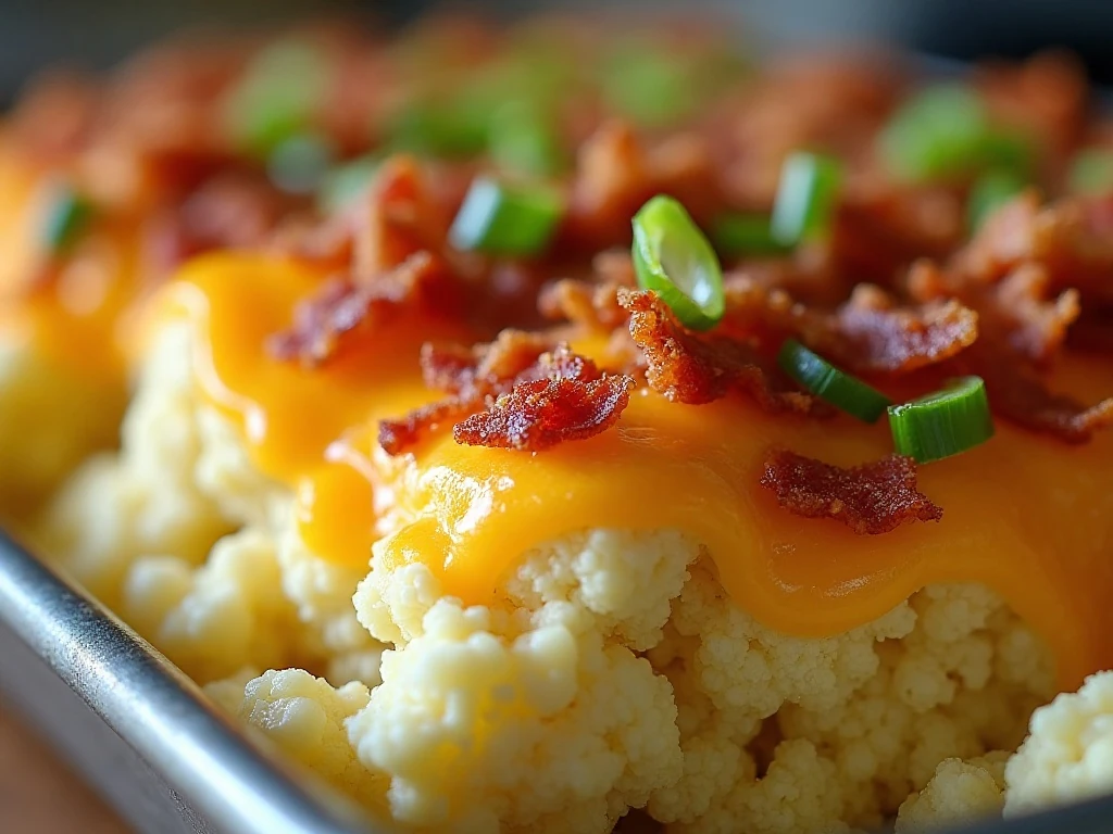 Bacon and green onion garnish on cheesy cauliflower casserole