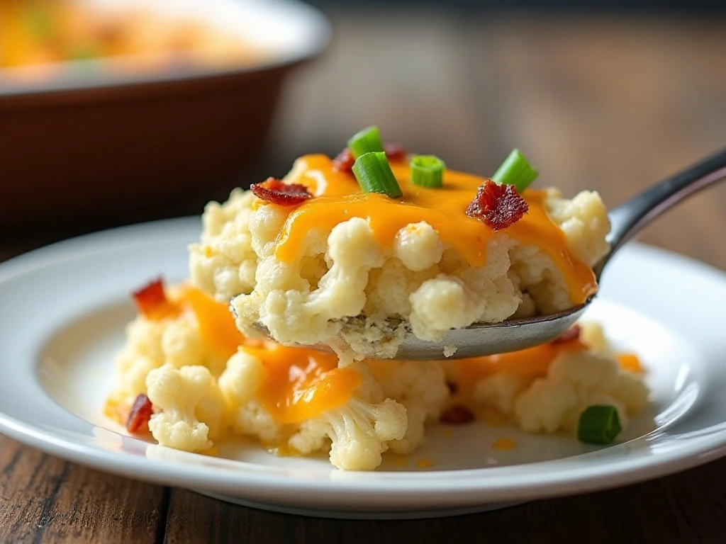 Plated low-carb cauliflower casserole with bacon and melted cheese
