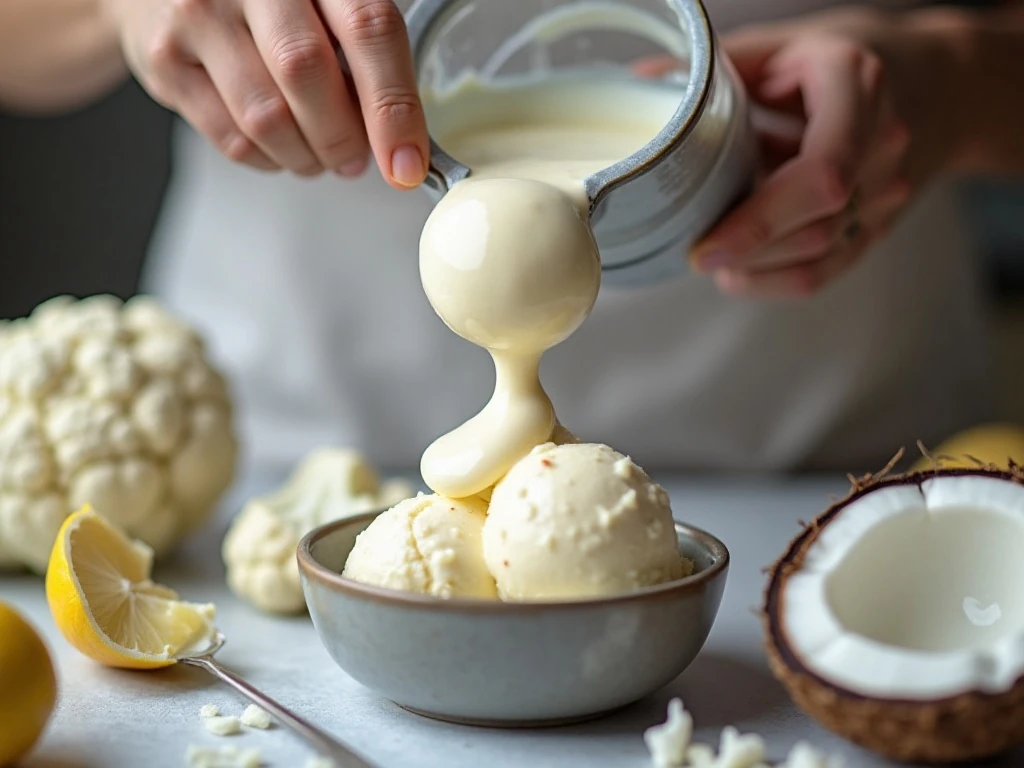 Thick cauliflower ice cream mixture in a shallow container