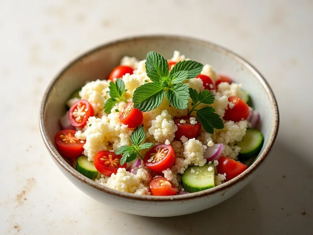 Mediterranean cauliflower rice salad served in a bowl