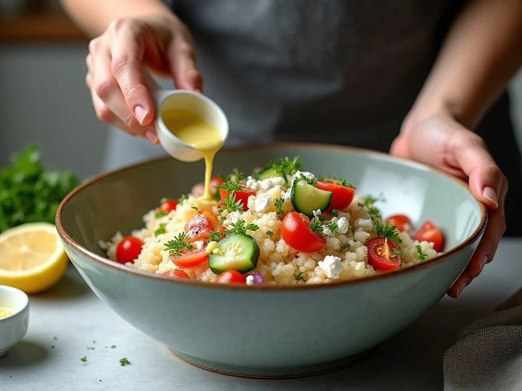 Mixing ingredients for cauliflower rice salad