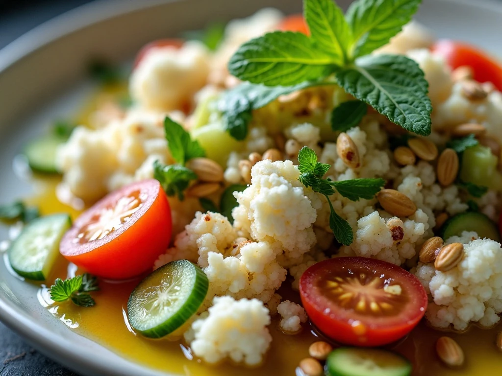 Close-up of garnished cauliflower rice salad