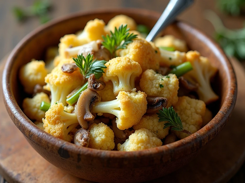A bowl of savory cauliflower stuffing with mushrooms and herbs
