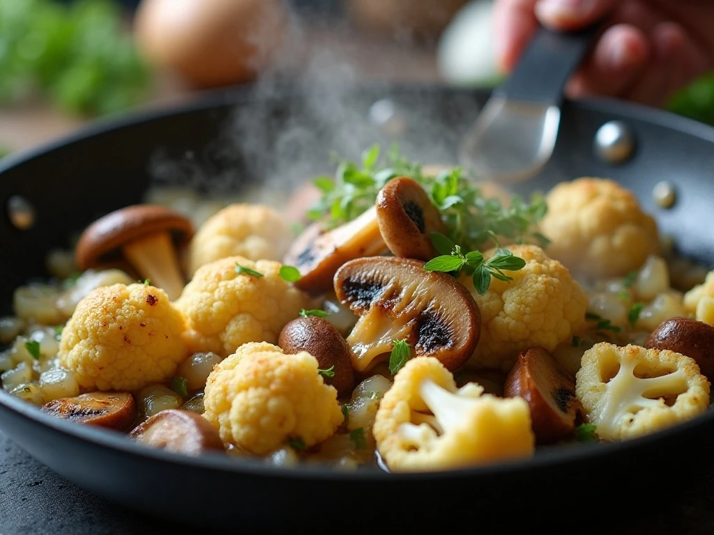 Cauliflower stuffing ingredients cooking in a skillet