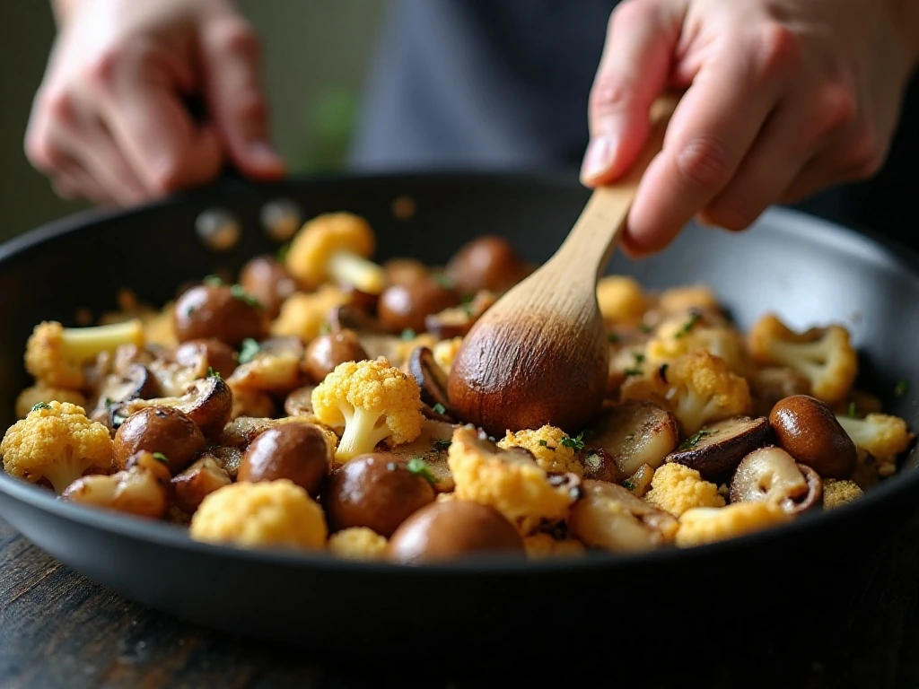 Browned mushrooms and cauliflower cooking for stuffing