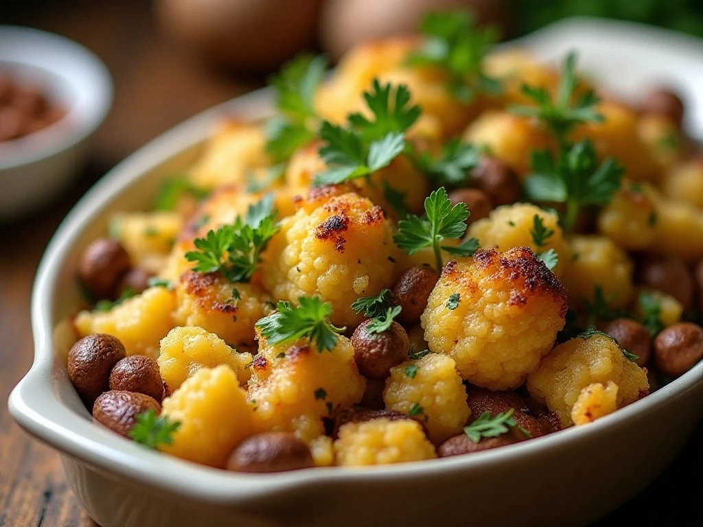 Close-up of cauliflower stuffing garnished with parsley