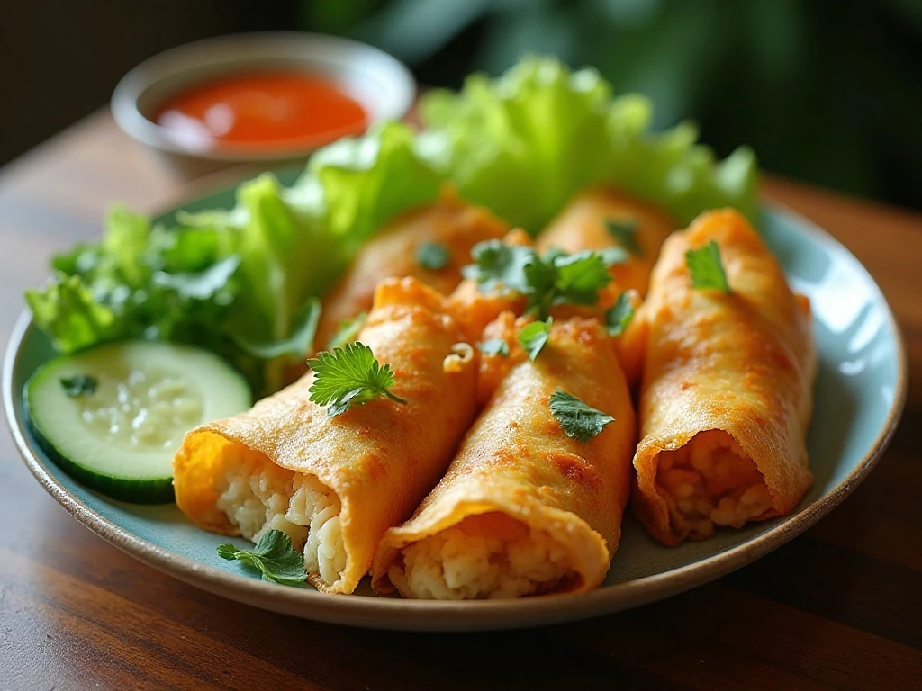 Golden Vietnamese cha gio served with lettuce, herbs, and dipping sauce