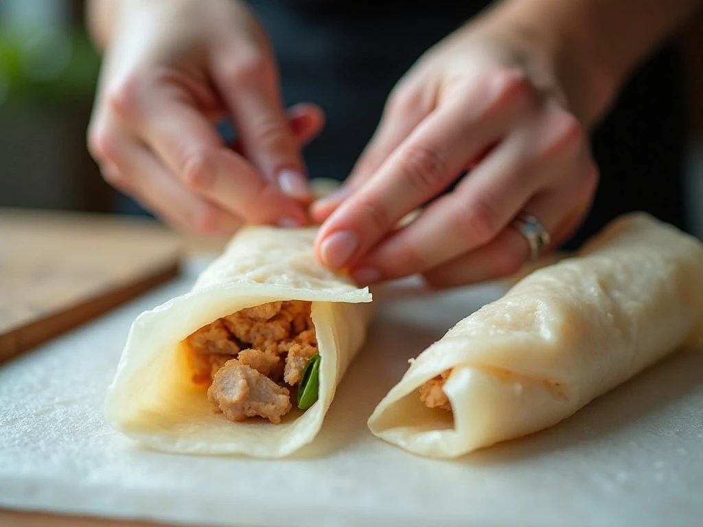 Rolling rice-paper wrappers for Vietnamese cha gio