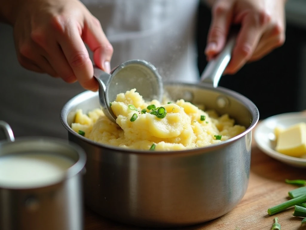 Making mashed potatoes with warm scallion-infused milk