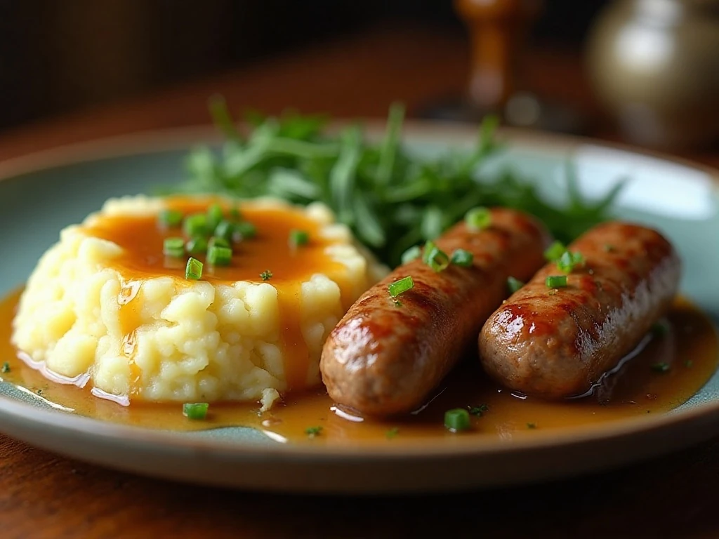 Irish champ mashed potatoes served with sausages and gravy