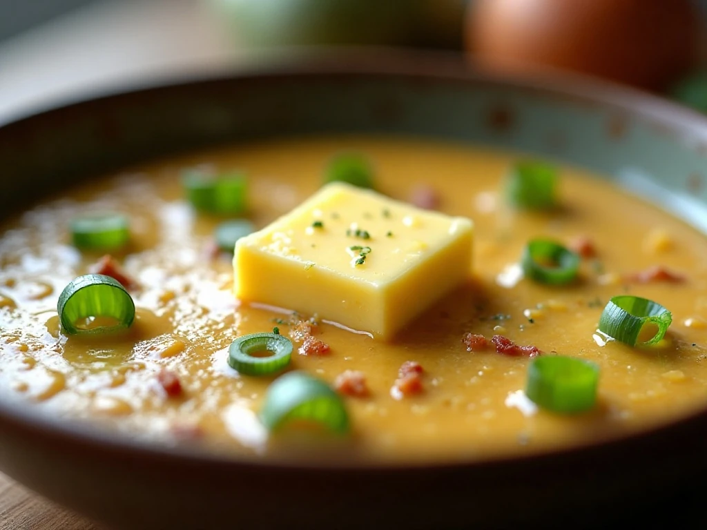 Reheated Irish champ with butter and scallion garnish