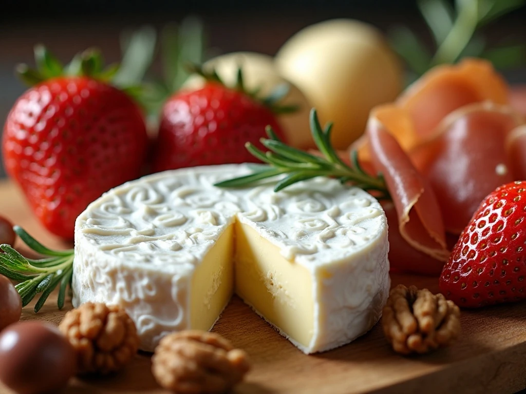Close-up of cheese, meat, fruit, and garnish on a charcuterie board