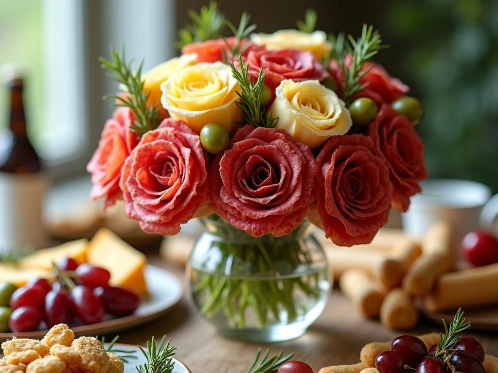 Colorful charcuterie bouquet served as a party appetizer centerpiece
