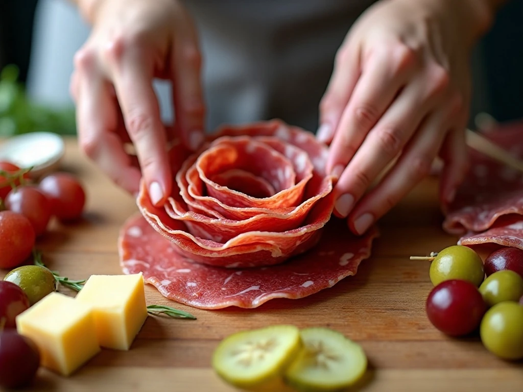 Making salami roses and preparing charcuterie bouquet skewers