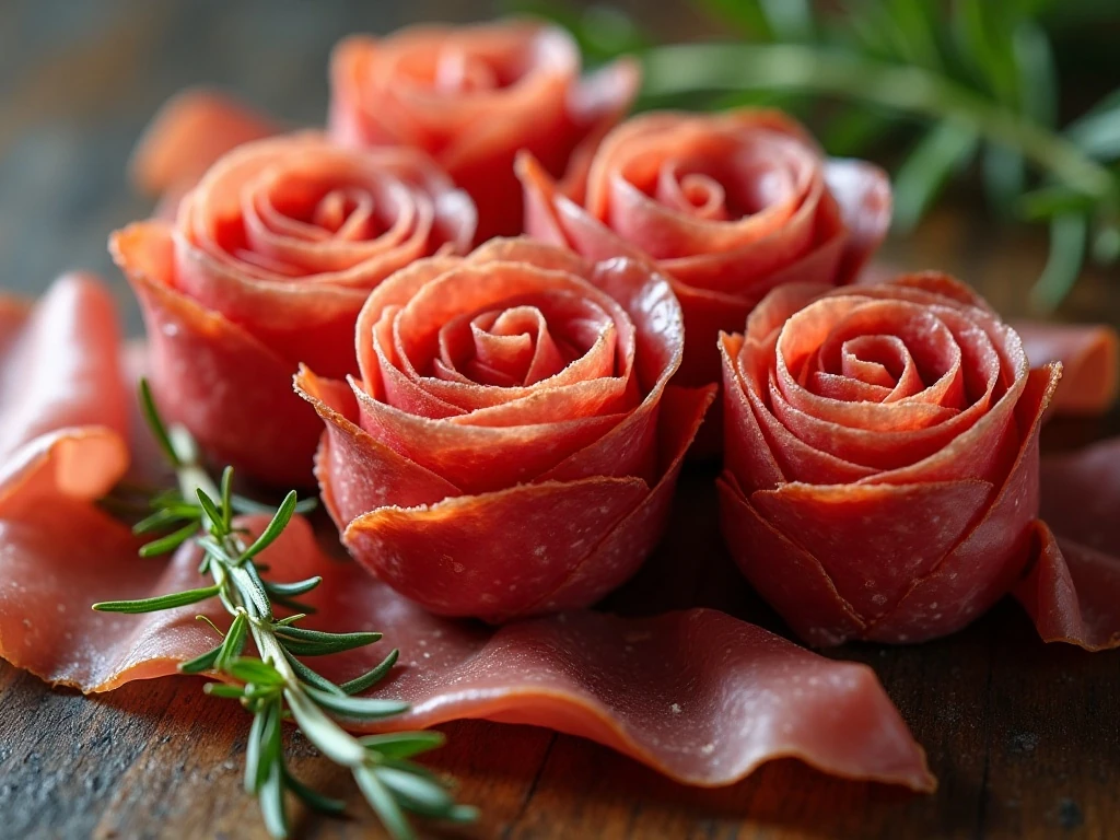 Close-up of salami roses for a charcuterie bouquet