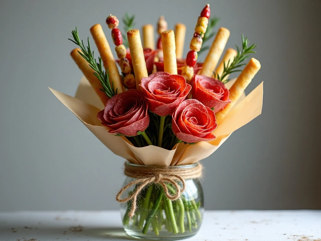 Charcuterie bouquet arranged in a jar with parchment and twine