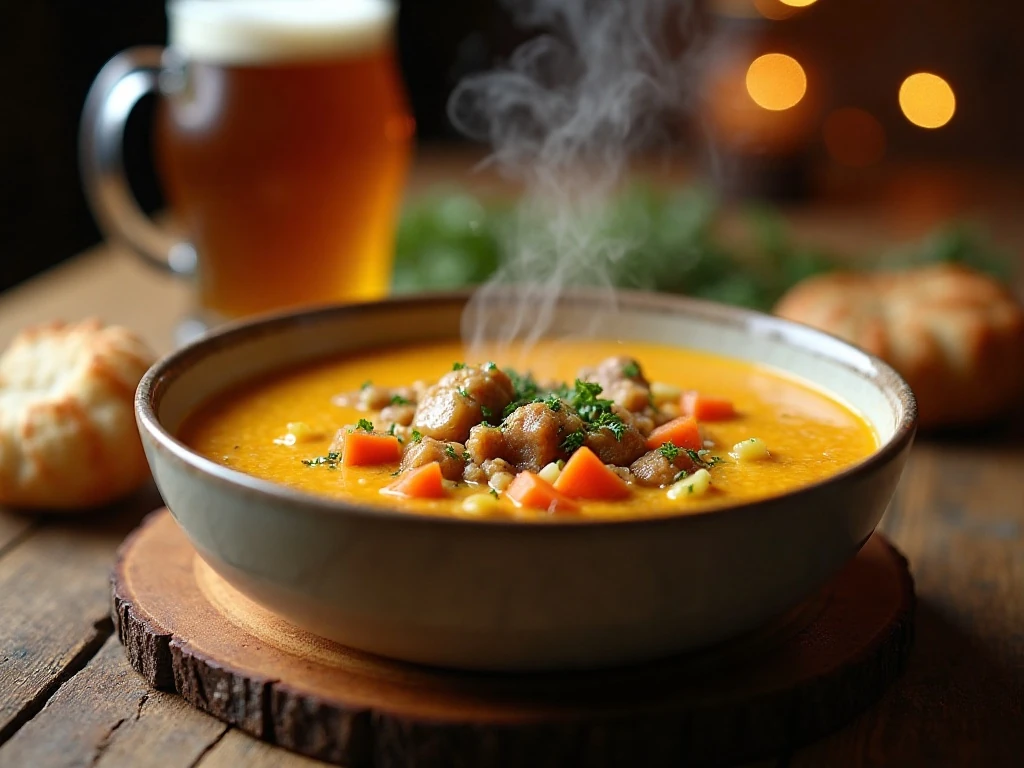 Bowl of creamy cheddar ale bratwurst soup with potatoes and bratwurst