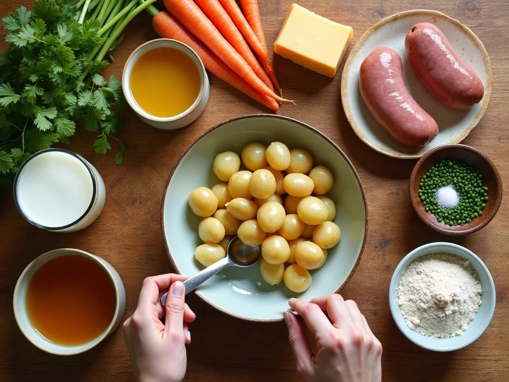 Ingredients for cheddar ale bratwurst soup arranged on a table