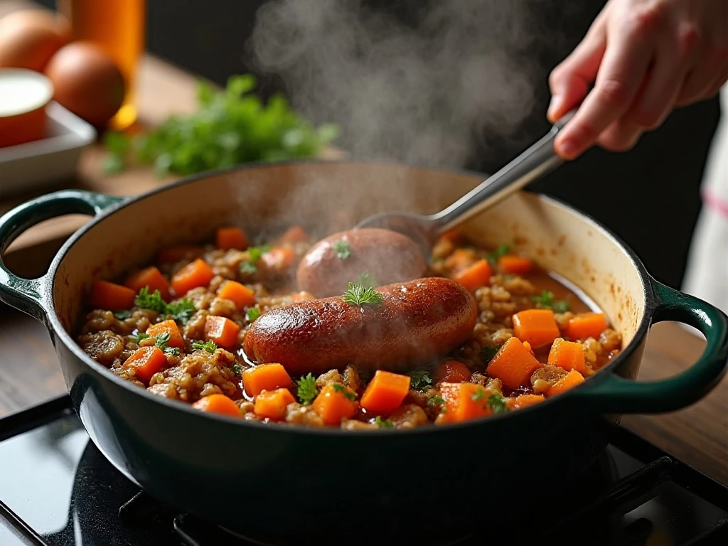Bratwurst and vegetables cooking in a Dutch oven for soup