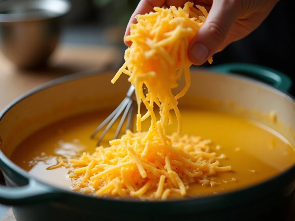 Freshly shredded cheddar melting into ale soup