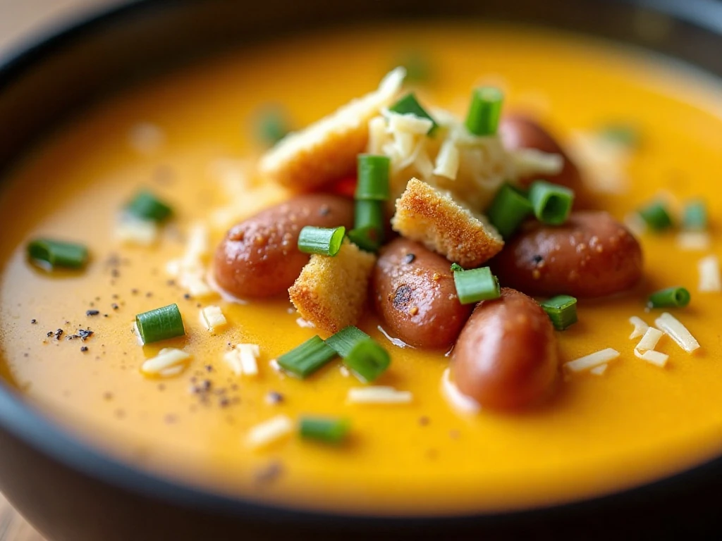 Cheddar ale bratwurst soup topped with chives, cheese, croutons, and mustard