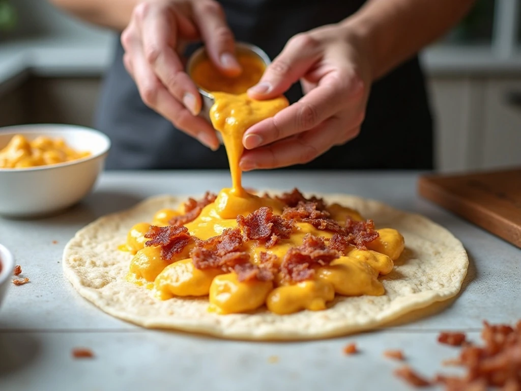 Spreading bacon ranch filling over a flour tortilla