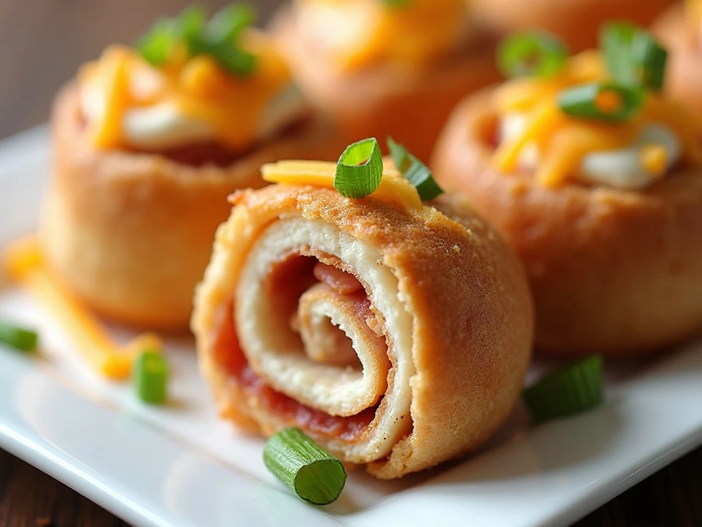 Close-up cheddar bacon ranch pinwheel appetizer with green onion garnish