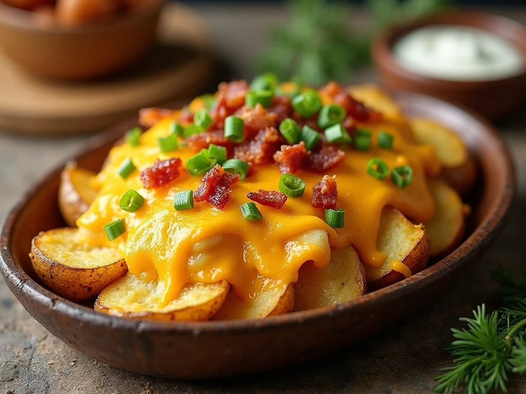 Crispy cheddar bacon ranch smashed potatoes served on a platter