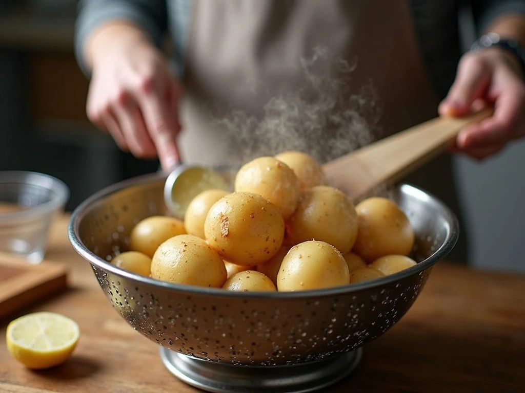 Potatoes steam-drying before roasting for crisp edges