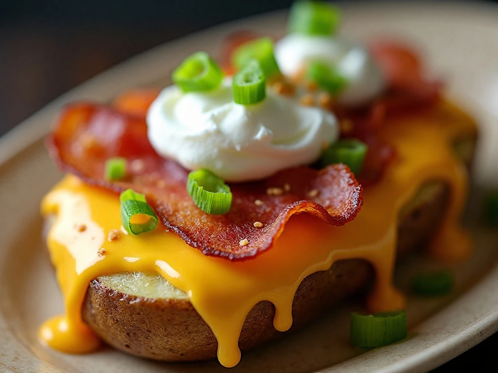 Melted cheddar bacon and green onion topping on smashed potatoes