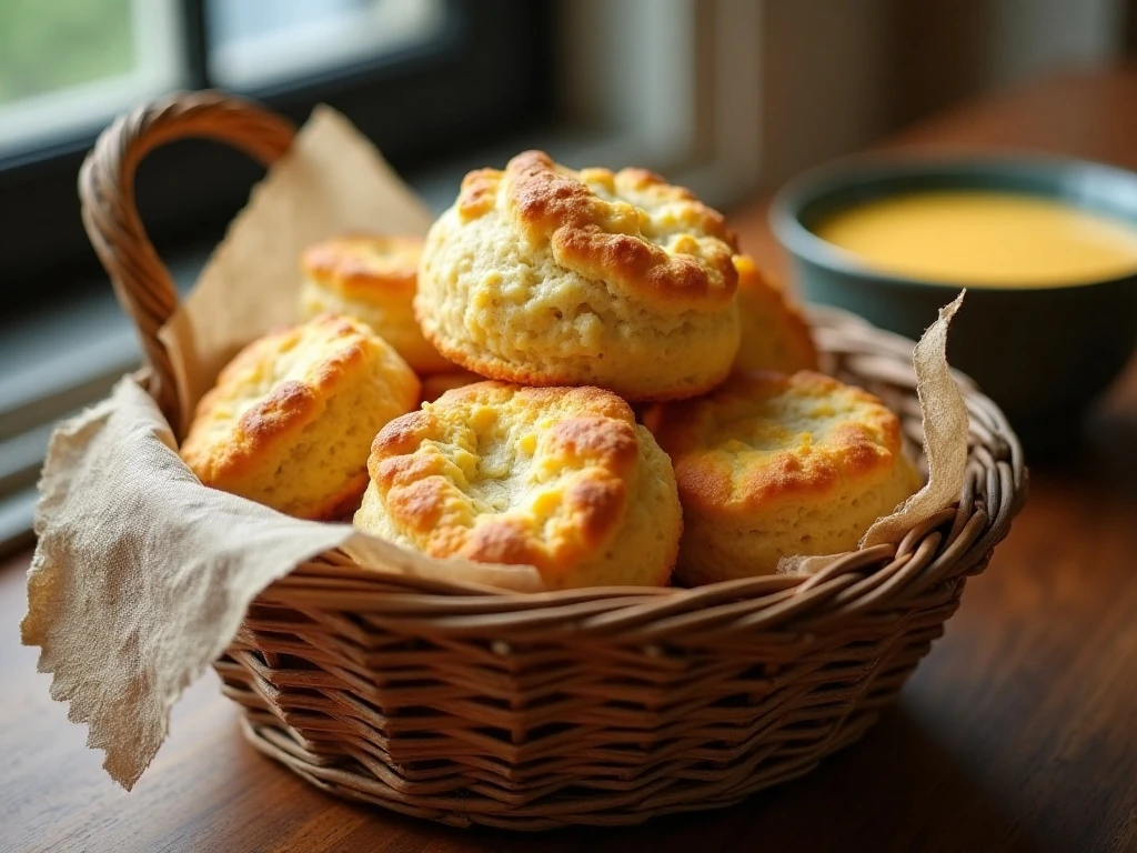 Warm homemade cheddar cheese biscuits served beside soup
