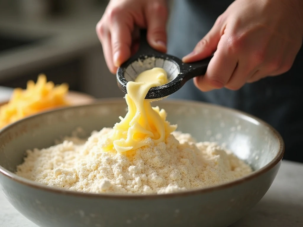 Cutting cold butter into flour for cheddar biscuit dough
