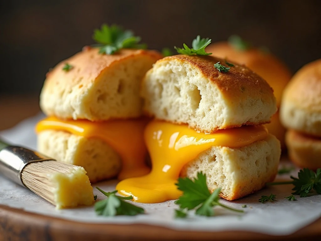 Flaky cheddar biscuit with cheese, garlic butter, and parsley
