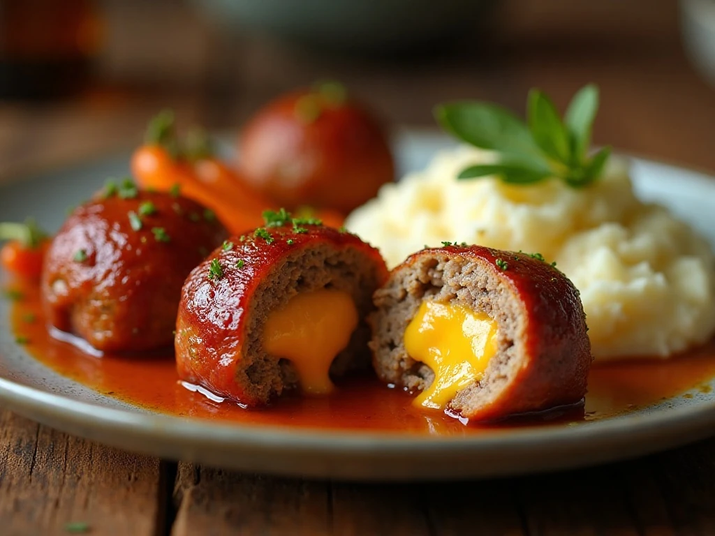 Cheddar cheese stuffed meatloaf meatballs served with mashed potatoes and roasted vegetables