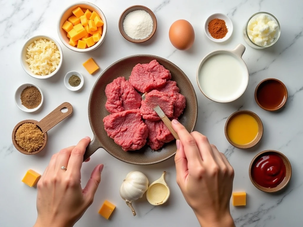 Ingredients for cheddar cheese stuffed meatloaf meatballs and ketchup glaze