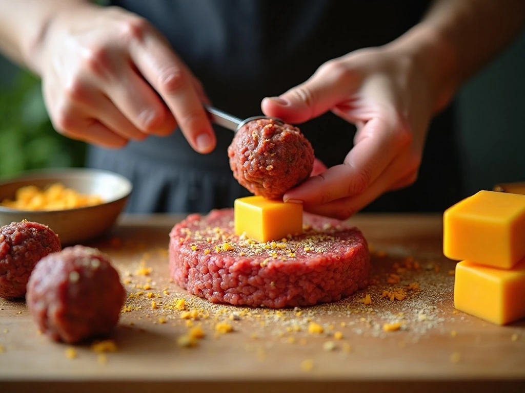 Stuffing ground beef meatballs with small cheddar cheese cubes